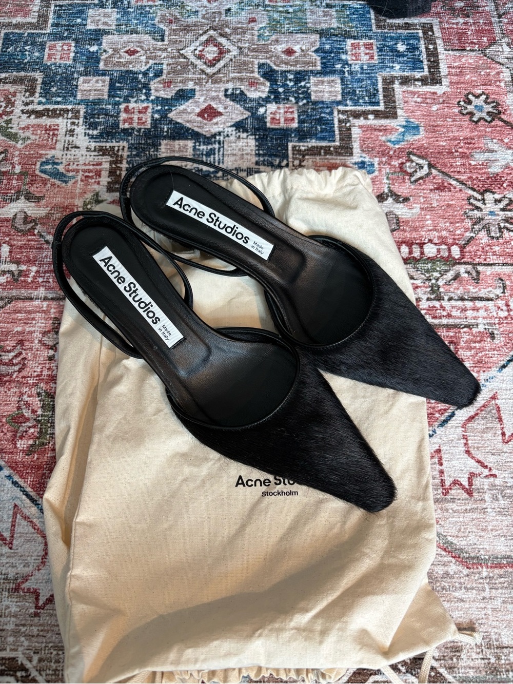 Acne Black Pointed Pony Hair Slingback Mules